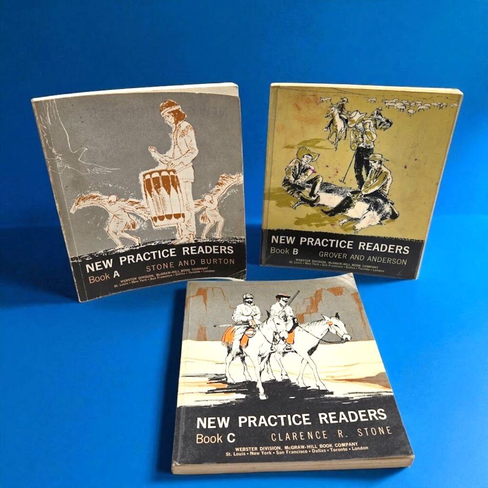 Set of 3 Vintage New Practice Readers Book A, B, & C Illustrated Reading Lessons